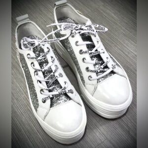 Love Moschino Leather platform sneakers Silver Glitter on White  EU 38 = US 7.5